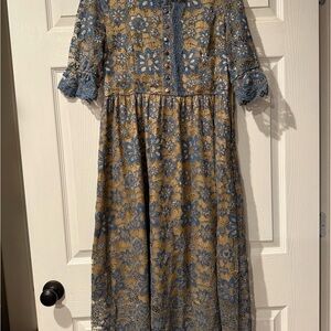 Blue and Gold Lace Midi Dress